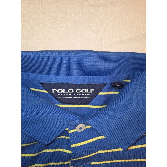 Polo Golf Ralph Lauren Men’s Large Blue Yellow Striped Short Sleeve Polo Shirt - Picture 2 of 4